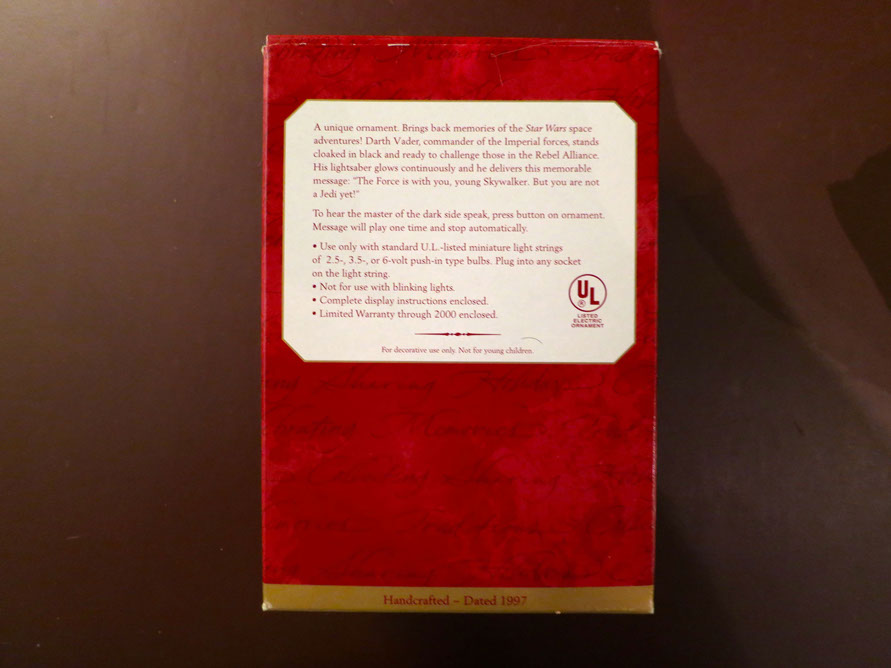 The 1997 Hallmark Darth Vader Ornament Box Back Cover